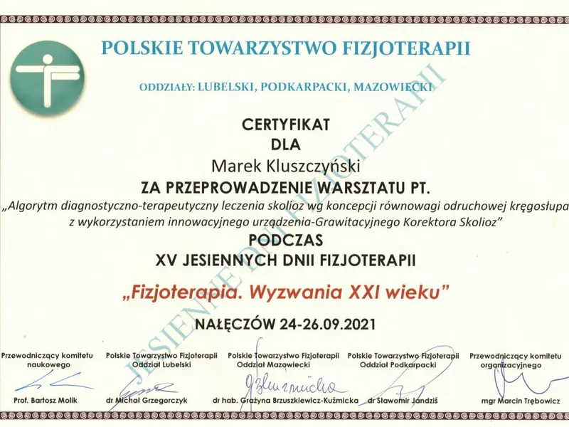 Certyfikat dr. Marka Kluszczyńskiego (2021), strona 1