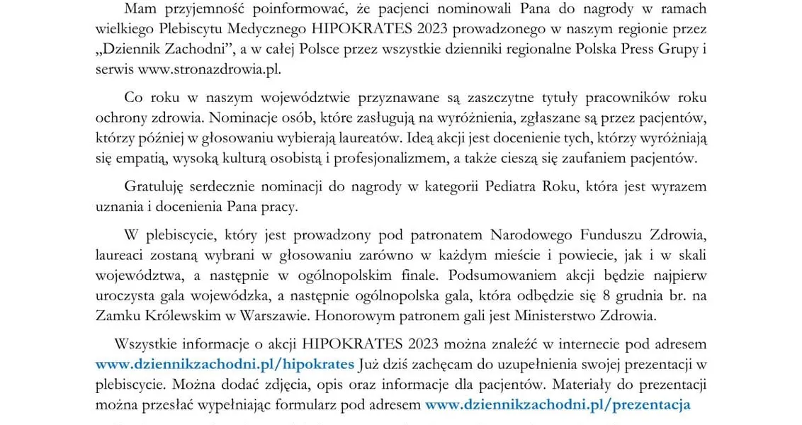Grafika z nominacją dr. Marka Kluszczyńskiego